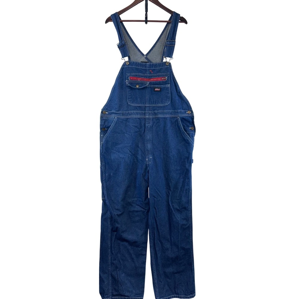 Genuine Dickies Bib Overalls Men Large Blue Denim Red Zip Workwear EB713RNB